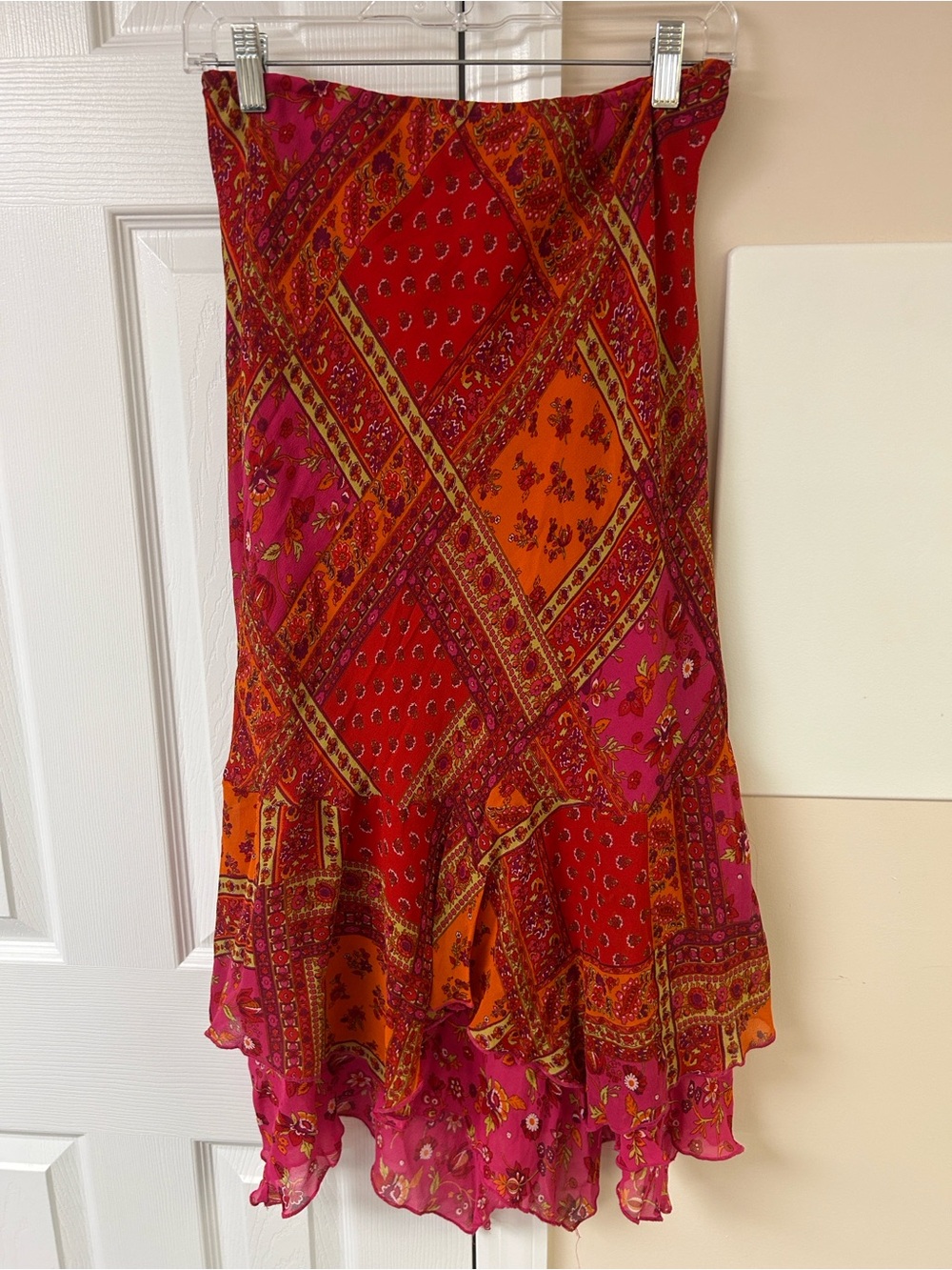 New Season by Lapis silk pink, red, and orange patchwork floral midi skirt